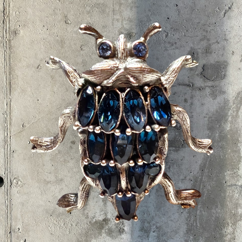 Vintage Blue Rhinestone Beetle Pin